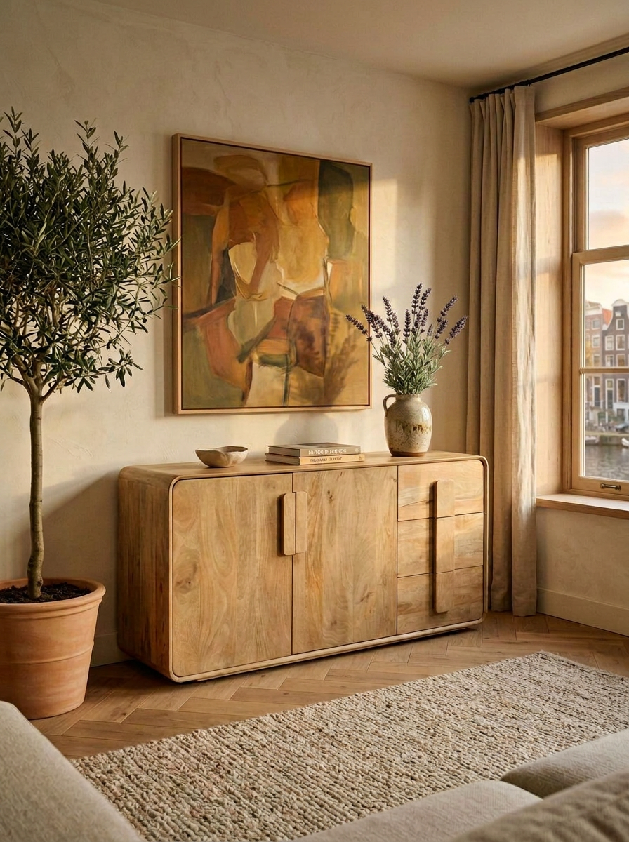 A warm-toned interior scene showing a light natural wood sideboard cabinet against a beige wall, with an abstract painting above it, a potted tree on the left, and a vase with dried stems on the right. A window with beige curtains is visible on the right side.