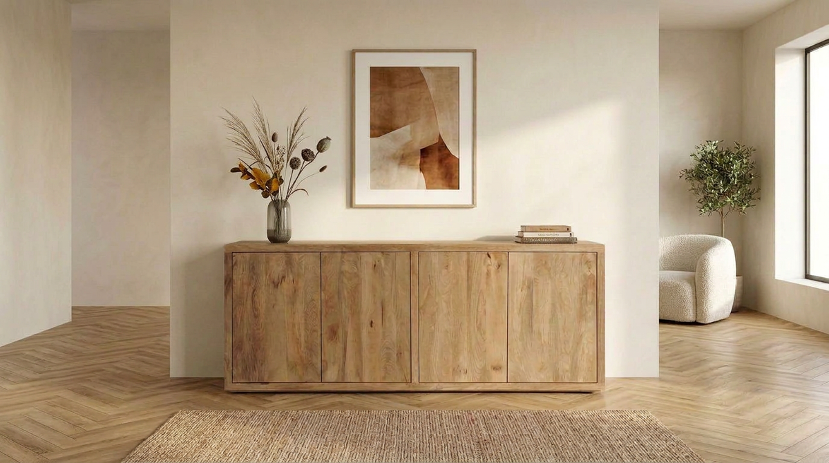 Mangohouten dressoir van 200 cm tegen een lichte muur in de woonkamer.