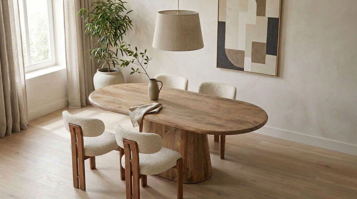 Oval mango wood dining table in a warm, natural living room.