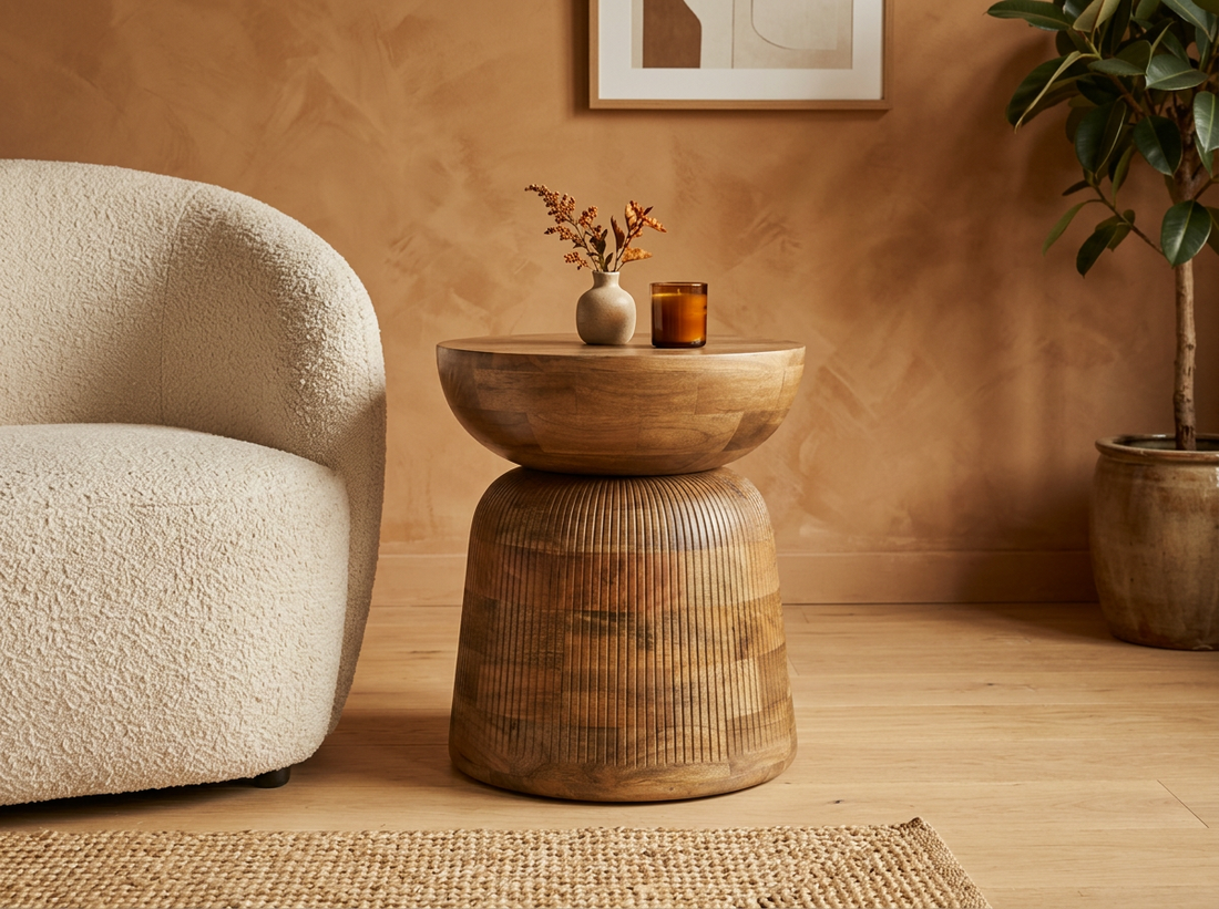 A wooden pedestal side table with a round top and ribbed cylindrical base, styled in a warm living room next to a cream boucle armchair and a potted plant.